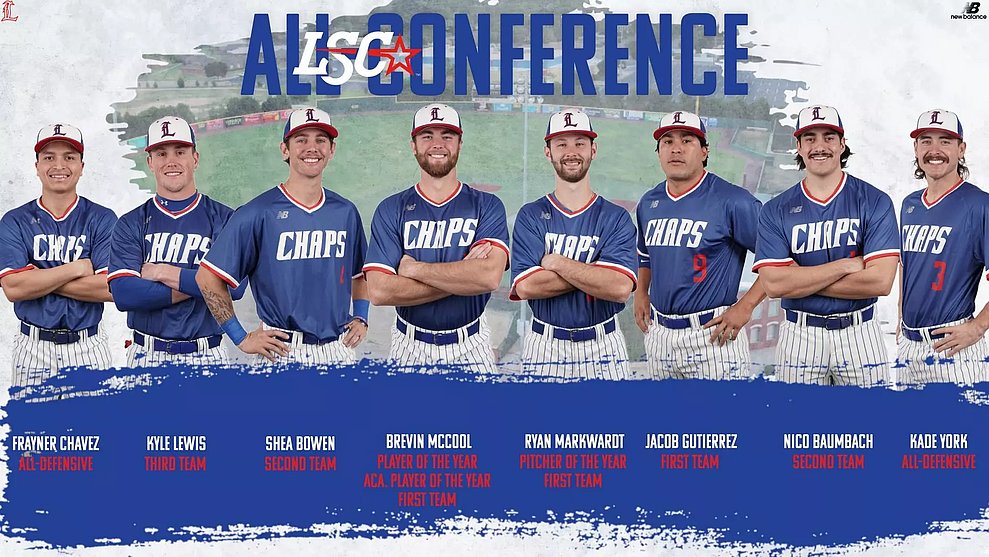 photos of eight Chap baseball players with the words "All-Conference" at the top