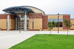 looking at the entrance to the science building on the east side