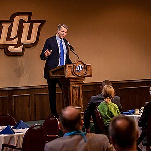 President McDowell speaking in the Baker Conference Center