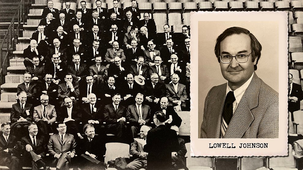 A black-and-white photograph of Dr. Johnson with his name beneath it on a card setting over a black-and-white photograph of the LCU Board of Trustees in an auditorium