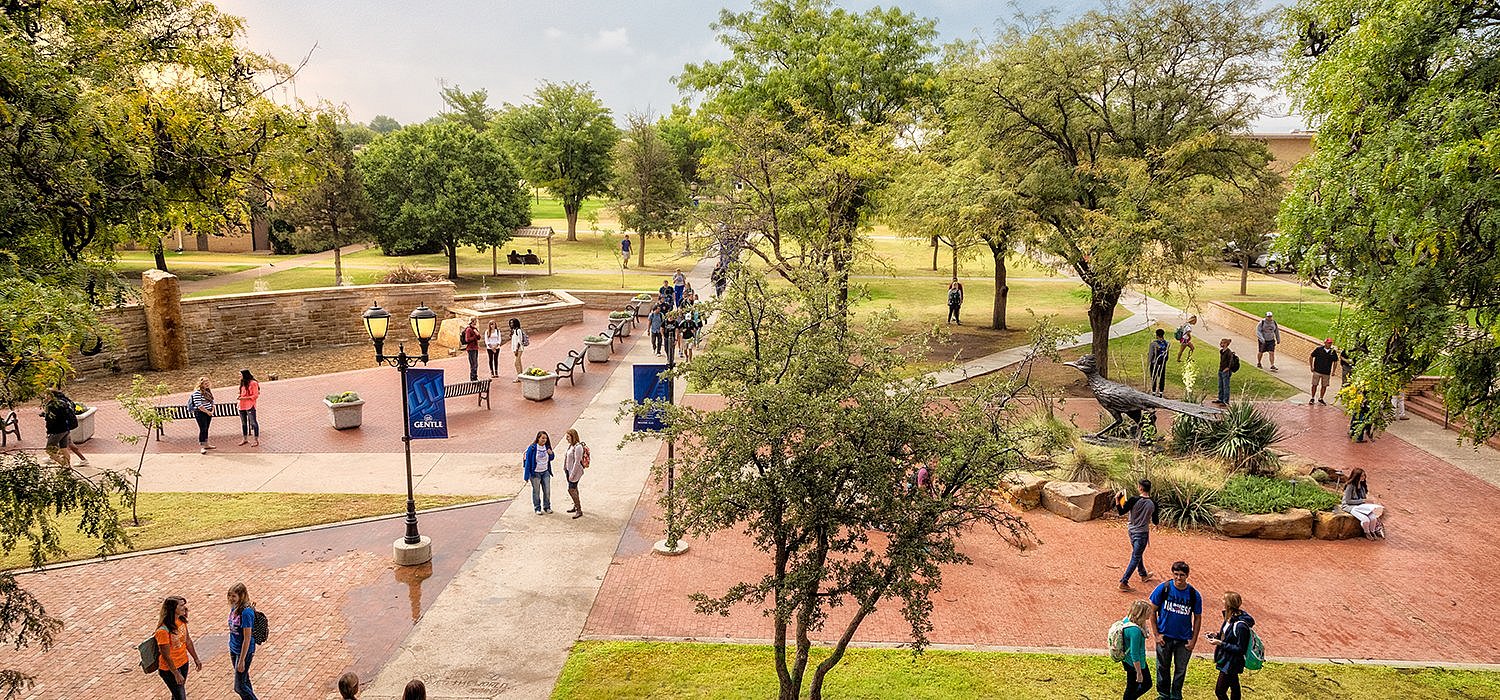 students walking through LCU mall as seen overhead