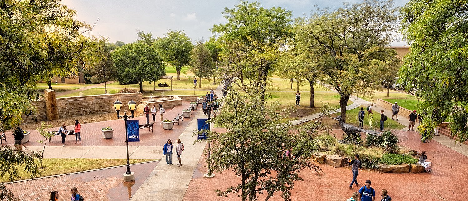 students walking through LCU mall as seen overhead