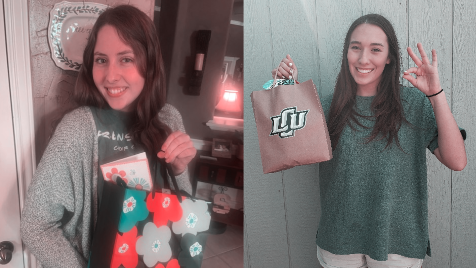 two female students posing with gift bags
