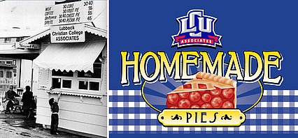 photo of 1958 pie booth and a sign saying, "homemade pies"