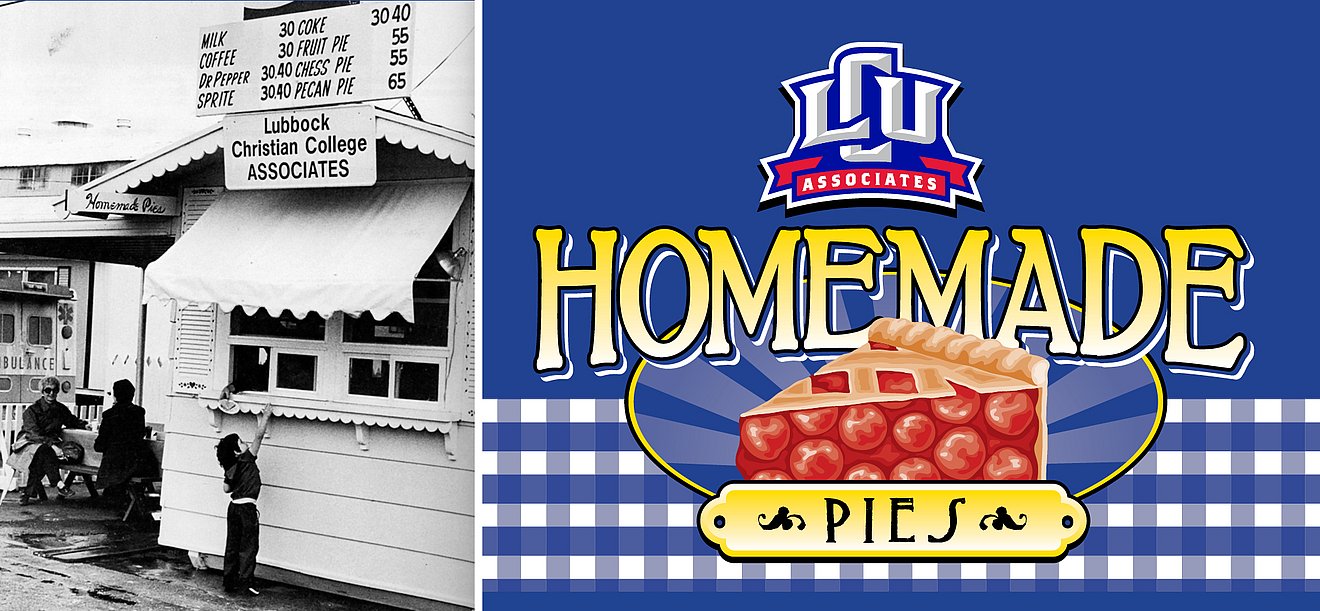 photo of 1958 pie booth and a sign saying, "homemade pies"