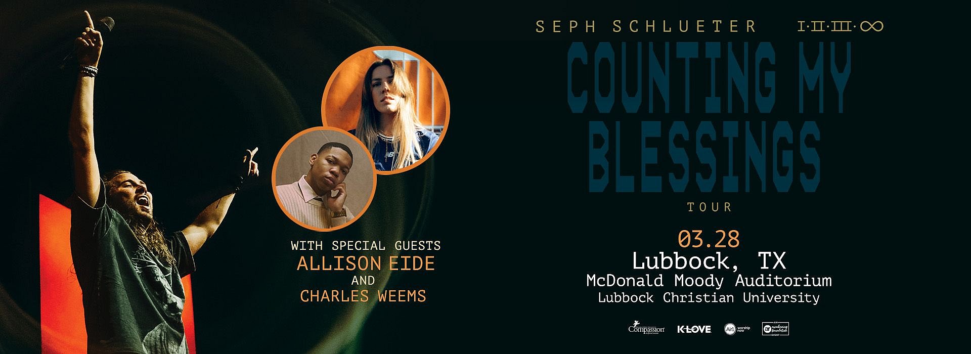 Graphic of worship leader singing with hands raised on stage with the words, "Seph Schlueter Counting My Blessings Tour with special guests Allison Eide and Charles Weems"