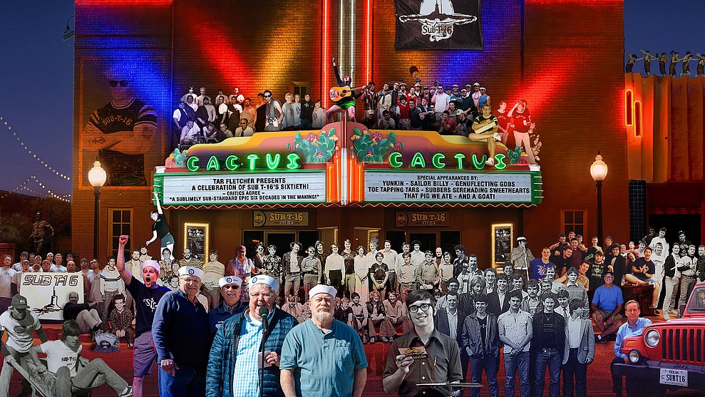 Collage of photographs throughout the decades of members of Sub T-16 on and around the Cactus Theater