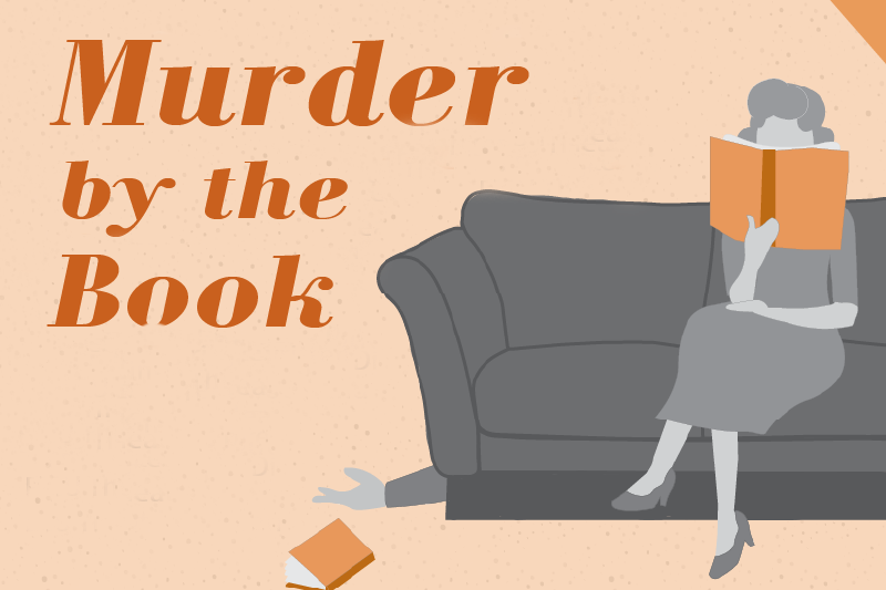 Graphic of woman reading a book on a couch with a hand visible lying on the floor limply from behind it, with the words "Murder by the Book"