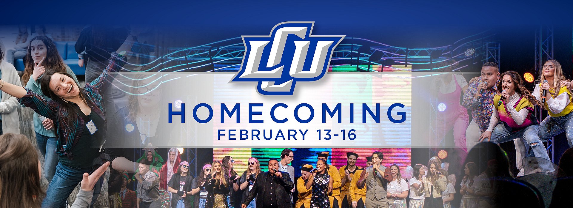 Graphic reading "Homecoming, February 13-16" with various scenes of alumni and students on stage at Master Follies