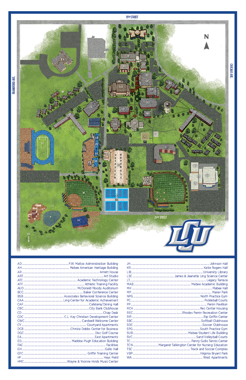 Illustrated map of LCU's campus with list of location names below