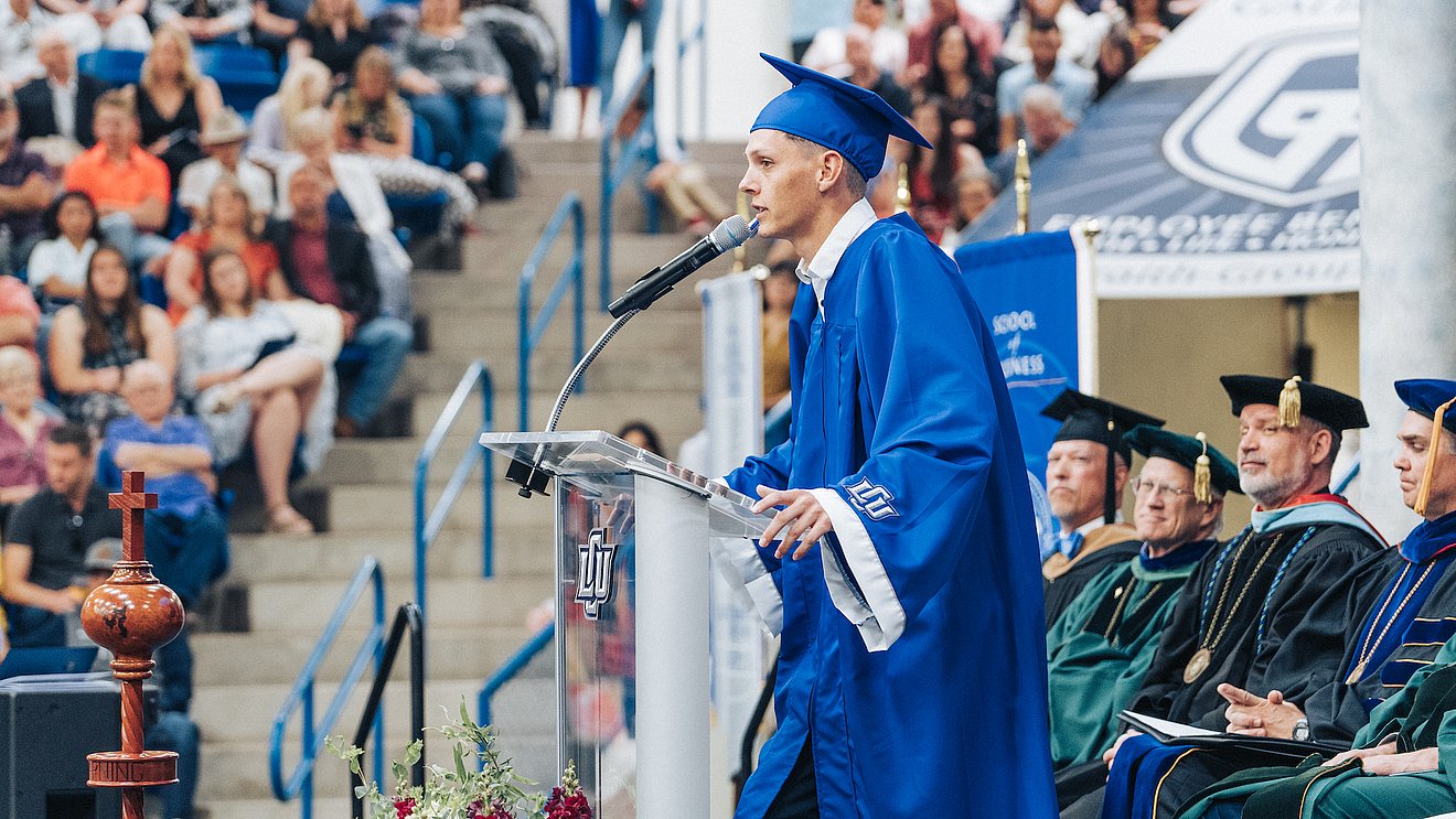 Student speaker Clement Catteau addressing the crowd