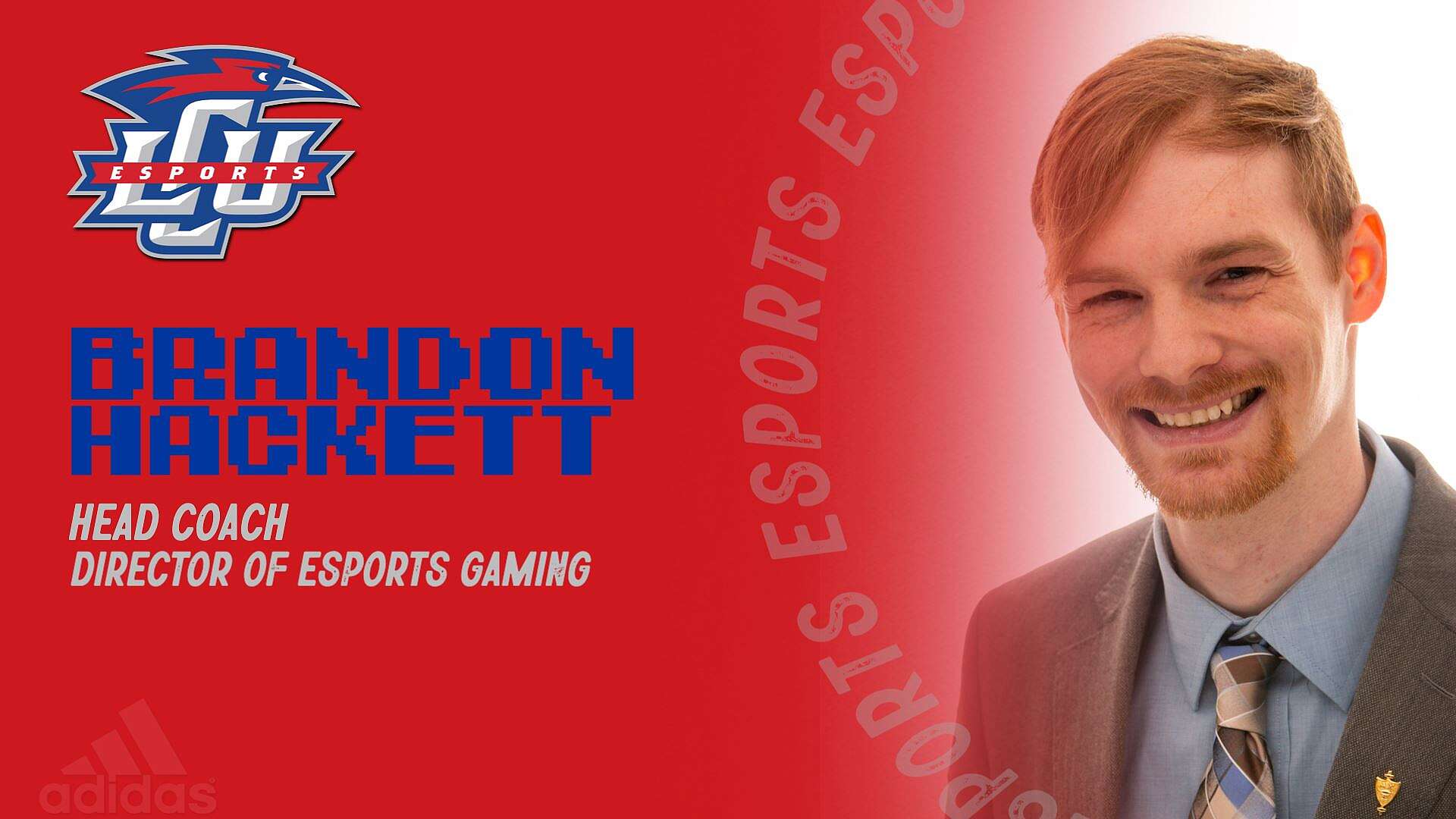 Graphic shows headshot of Brandon Hackett, listing him as the new Head Coach and Director of Esports Gaming