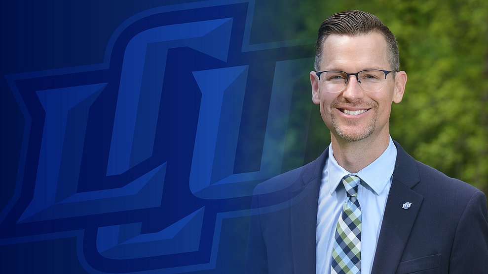 Photograph of Josh Clem imposed over a graphic of the LCU logo