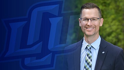 Photograph of Josh Clem imposed over a graphic of the LCU logo