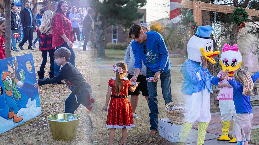 A collage showing a child playing a game, a student worker helping a young child, and a child talking with people in costume.