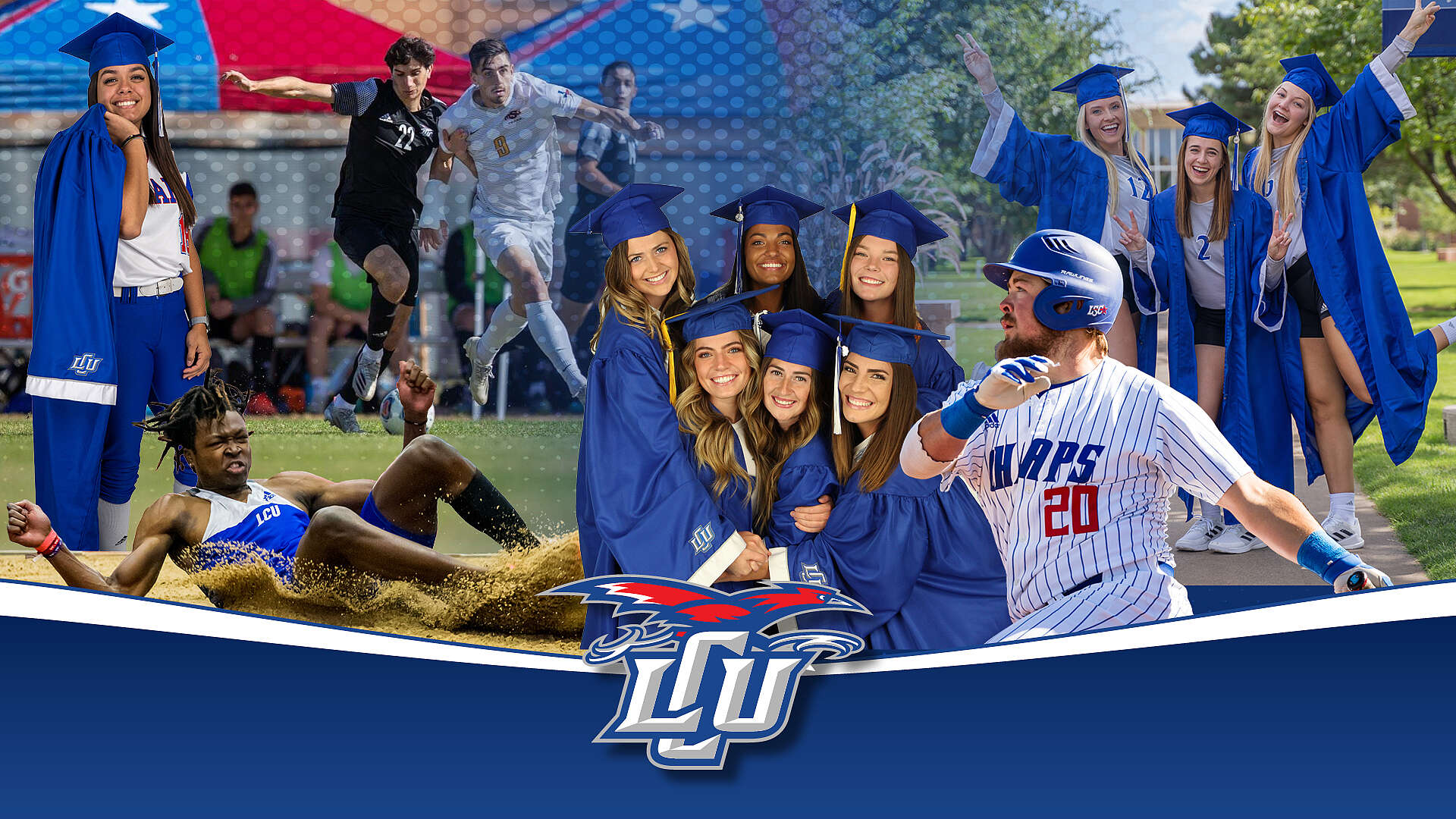 A collage of various LCU student athletes including participants in track, volleyball, basketball, baseball, softball, and soccer