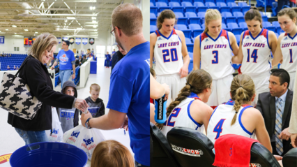 Fans turning in cans to attend game/ Lady Chaps listen in as Coach Gomez gives next play