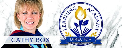 Dr. Cathy Box head shot and Learning Academy Logo