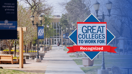 Photograph of LCU's campus mall with the Great Colleges to Work For logo overlaid