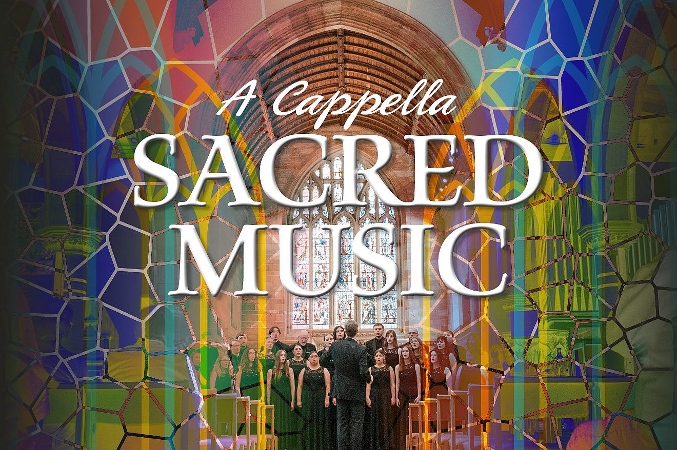 Image reading "A Cappella Sacred Music" over an image of the choir singing behind stained glass textures