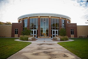 Looking at the entrance of the business building on the west side