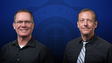 Graphic containing the headshot photographs of Dr. Kenneth Hawley and Dr. Kregg Fehr on a blue background