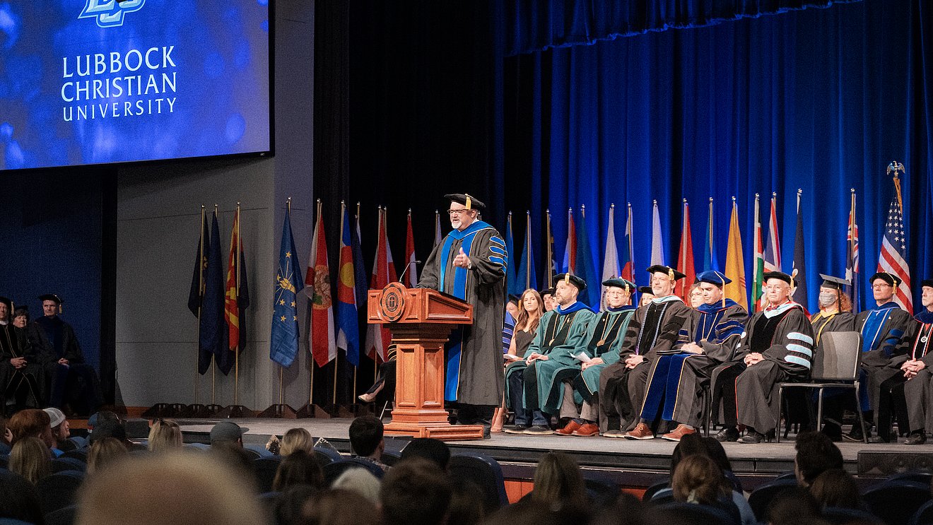 Dr. Kent Gallaher, LCU's new provost, announcing the beginning of the 2022-23 school year