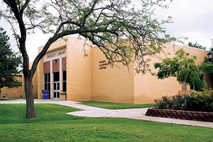 Looking at the entrance to the library and coffee shop on the west side