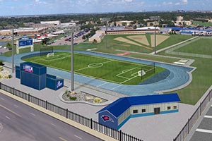 View from above showing the layout of the soccer field and track elements