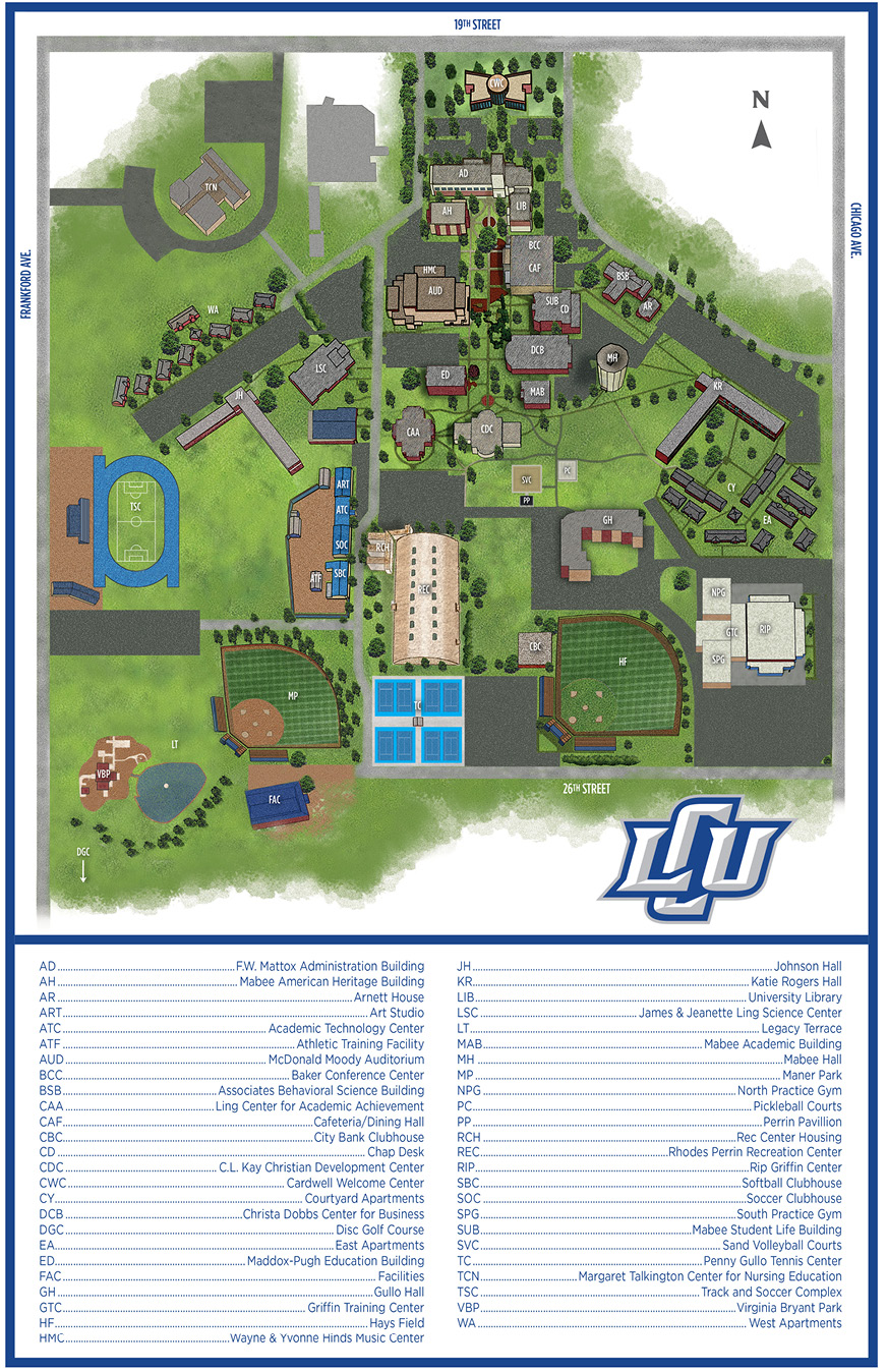 Illustrated map of LCU's campus with list of location names below