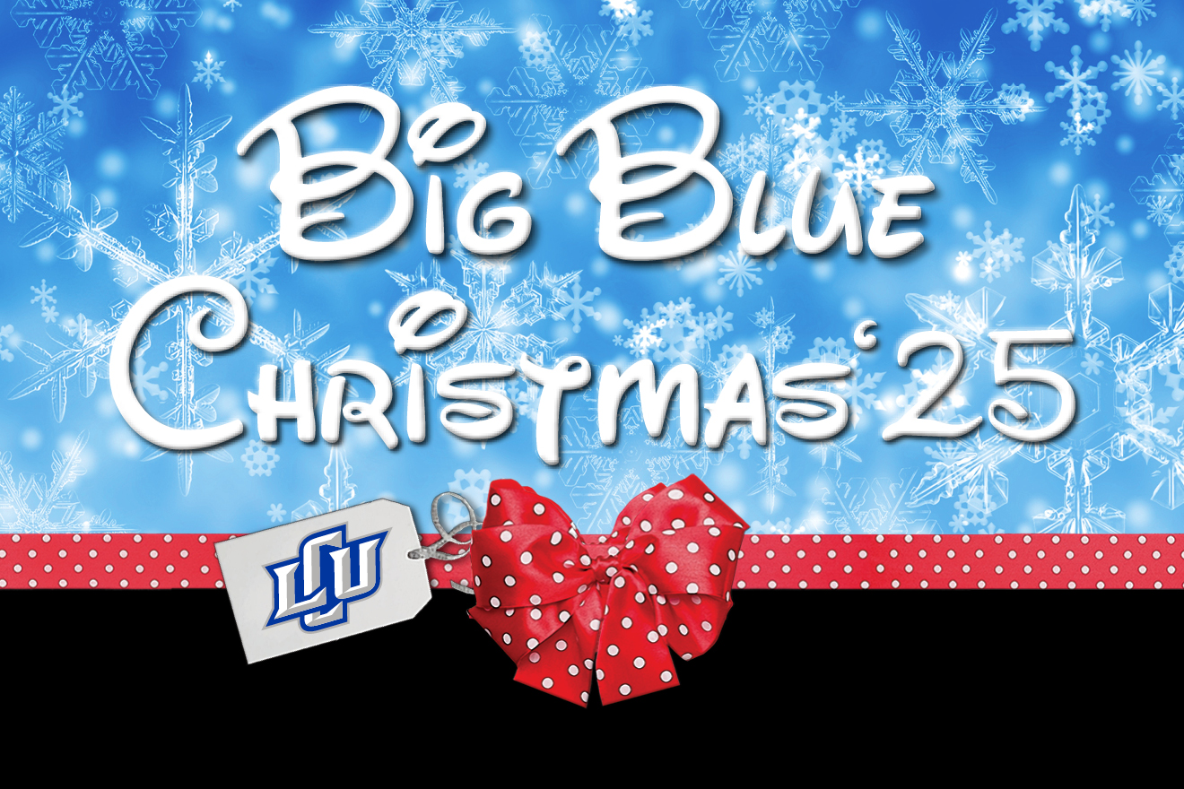 Graphic that looks like a present wrapped with a red bow that reads "Big Blue Christmas '25" with an LCU logo