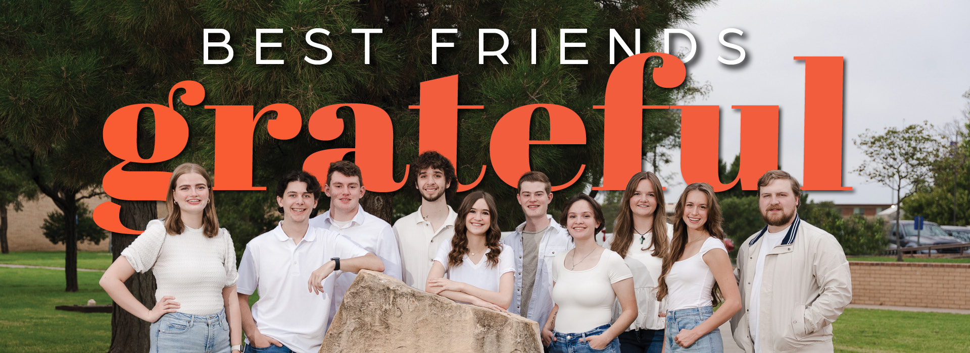 Photo of Best Friends outside with the words "Best Friends, grateful" in orange