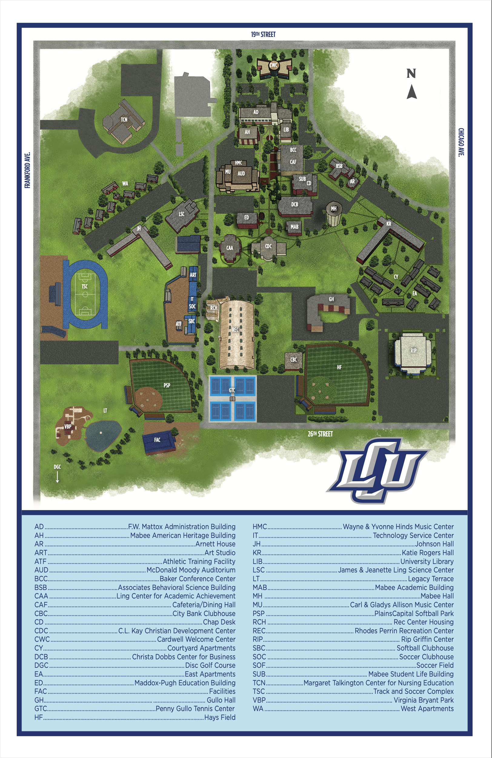 LCU Campus Map with list of locations