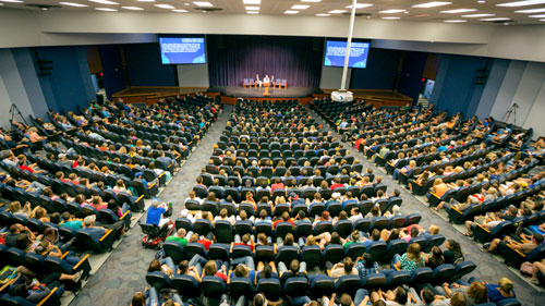 A view from above the audience looking at stage with wide angle