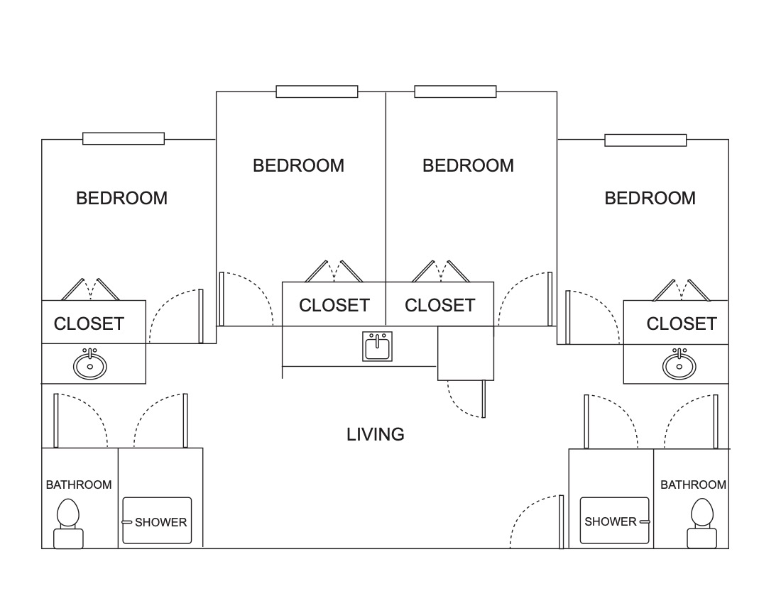 a floor plan of a three-bedroom unit with shared spaces.