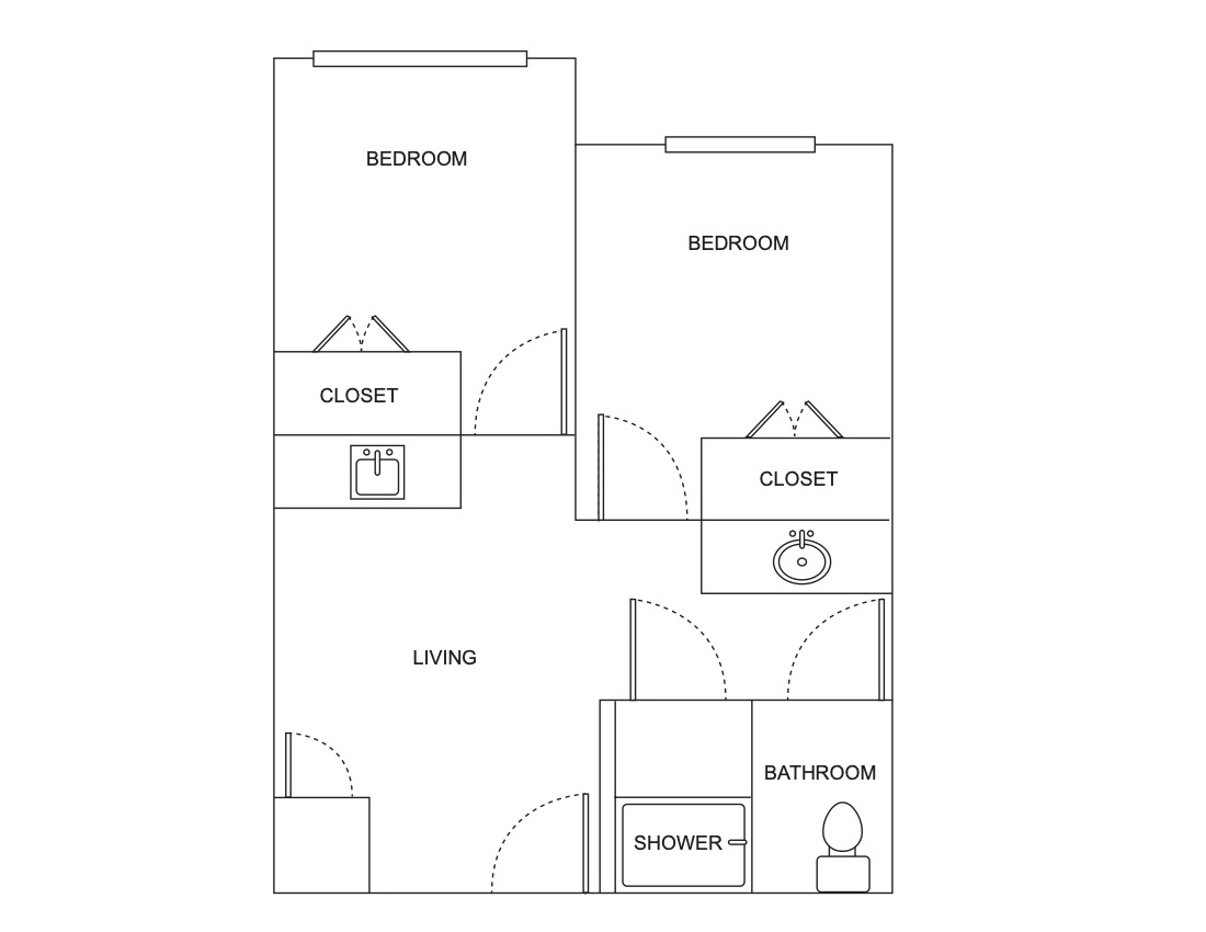 a simple floor plan of a two-bedroom unit with labeled rooms and minimal details.