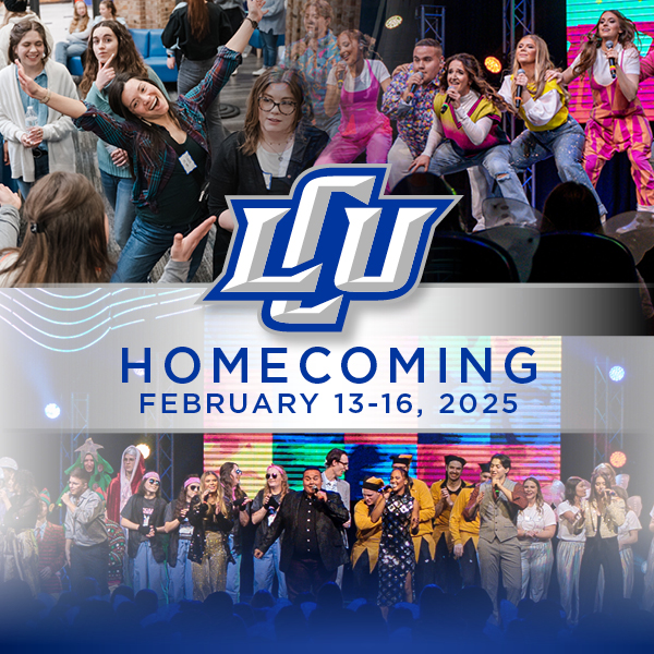 Banner for Homecoming 2025 on February 13-16, 2025. Text overlaid on shots from master follies 2024 of clubs and hosts