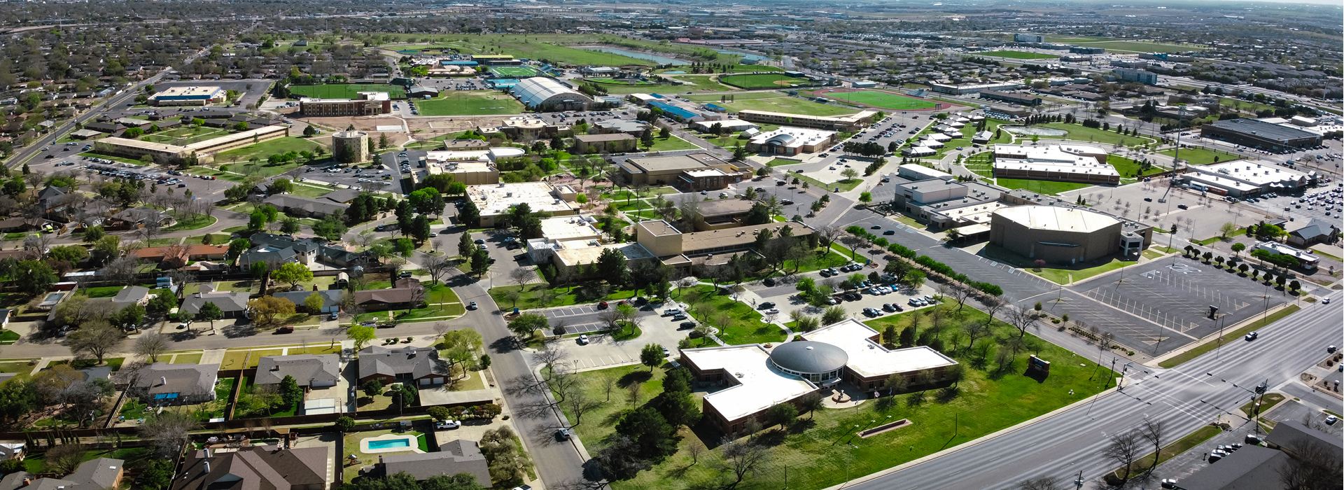 Aerial view photograph of LCU's campus