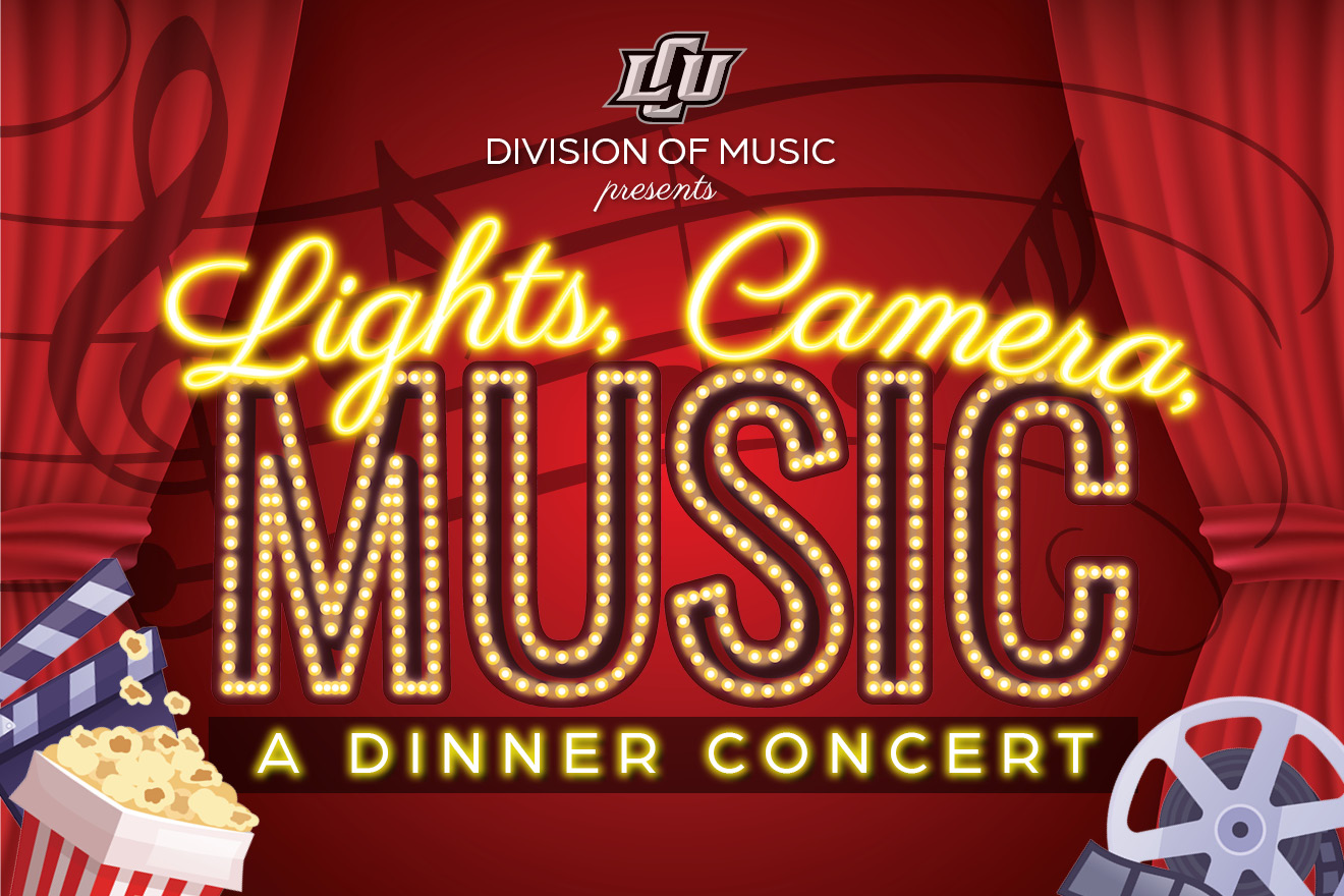 Graphic with red curtains, popcorn, and movie reels, with the words, "Lights, Camera, Music: A Dinner Concert"