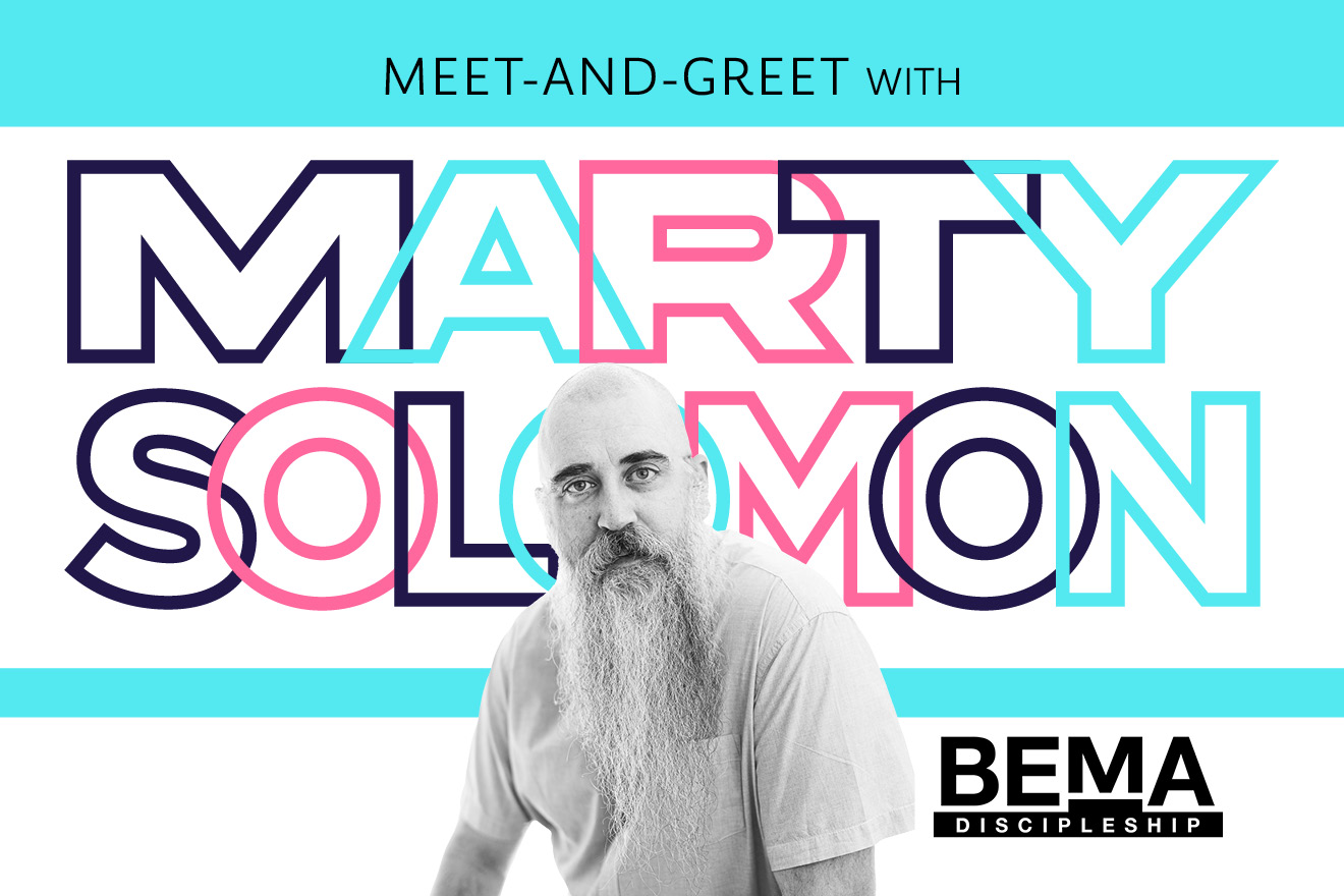 Graphic with a black-and-white photo of Marty Solomon and the words, "Meet and Greet with Marty Solomon" and the BEMA logo
