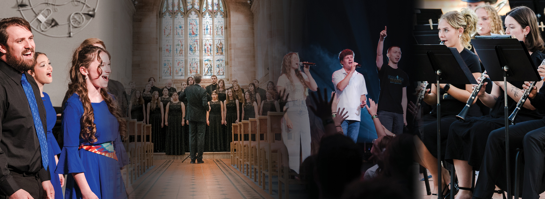 Collage of photographs of various LCU music groups performing on stage