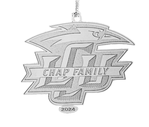 Chap Family christmas tree ornament that is all silver and logo of LCU