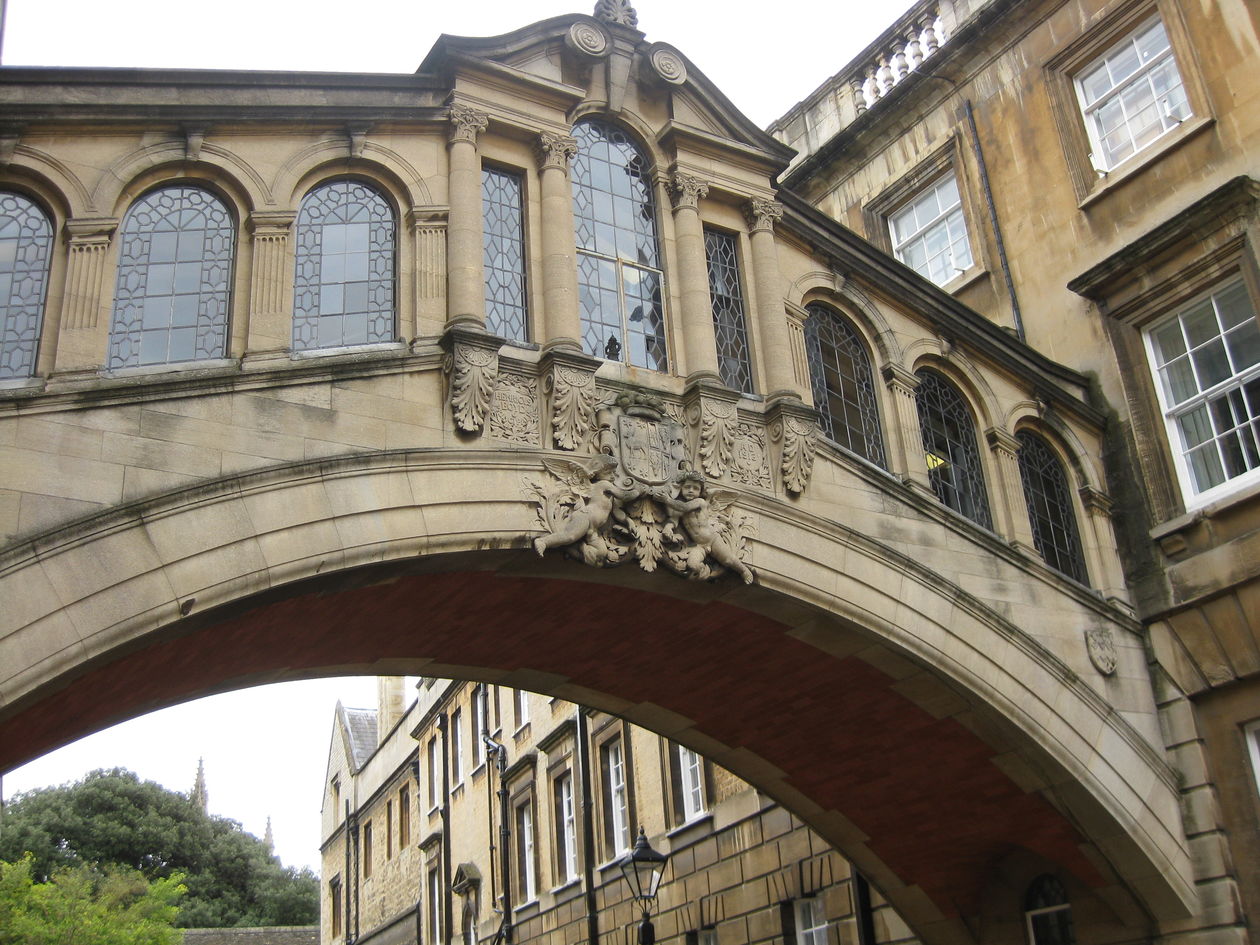 Walkway spanning over road between buildings