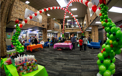 Interior of Student Life Building decorated for Big Blue Christmas