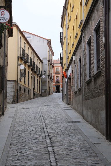 narrow brick road with multistory buildings on each side 