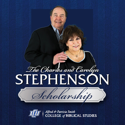 graphic with the words "The Charles and Carolyn Stephenson scholarship" with the Alfred and Patricia Smith College of Biblical Studies logo and a photo of the Stephensons