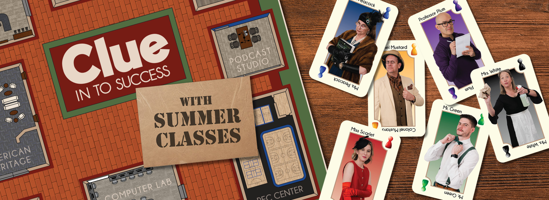 Graphic in the style of the CLUE boardgames with the text, "Clue into success with summer classes" and professor photos edited to look like the characters from the clue board game
