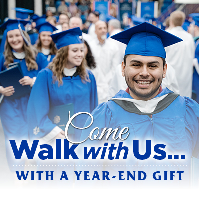 Photograph of LCU students in graduation regalia, and the words "Come walk with us... with a year-end gift"
