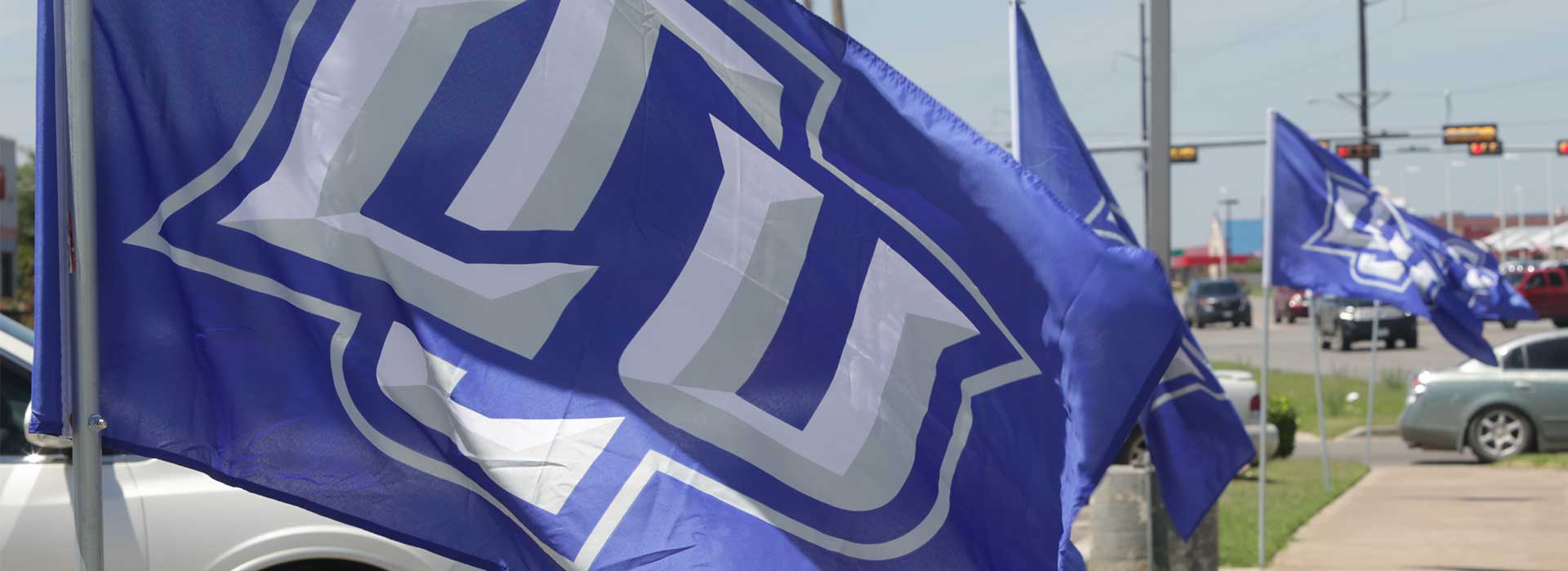 Blue flags with LCU logo in the wind 