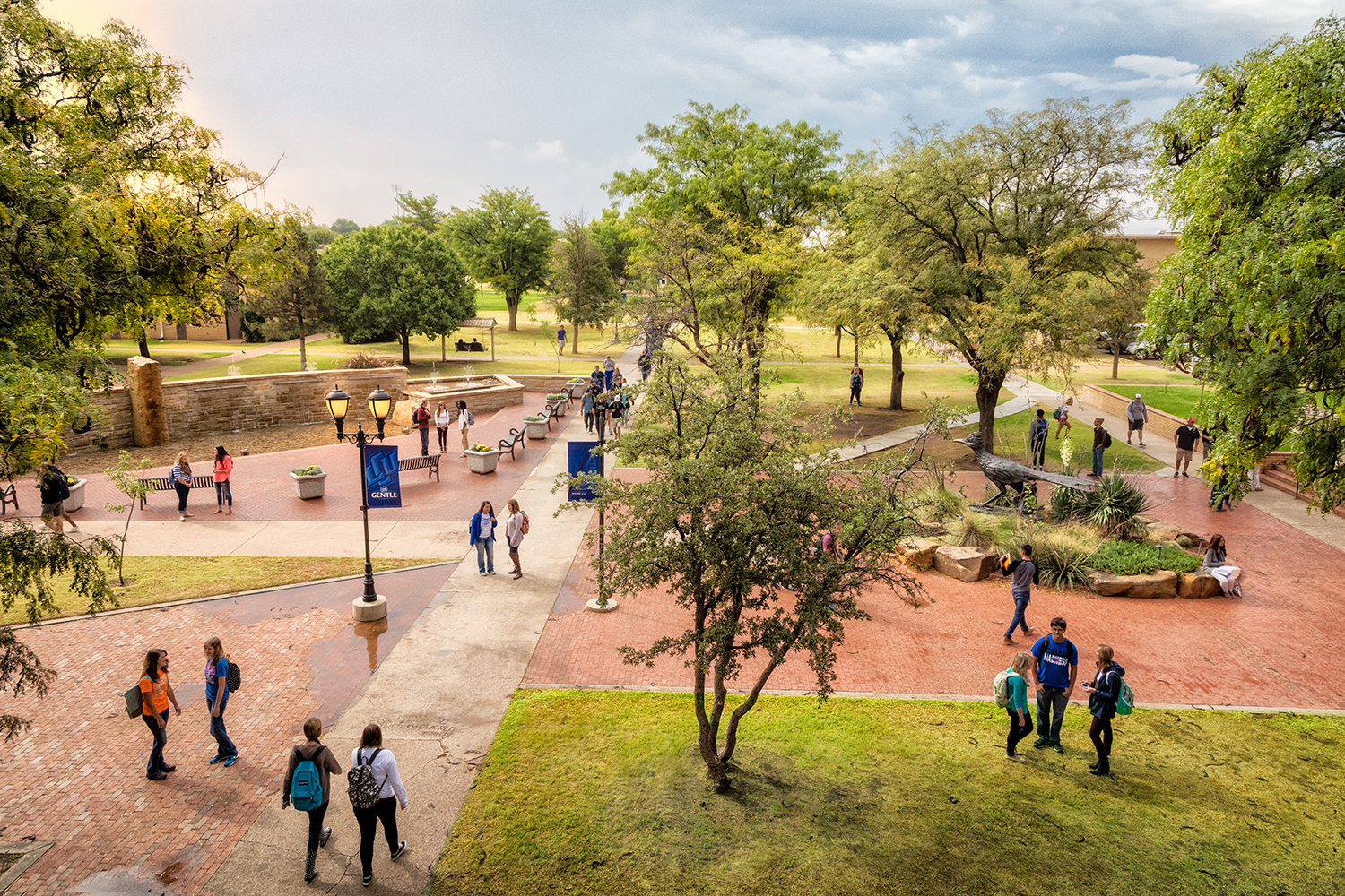 students walking through LCU mall as seen overhead